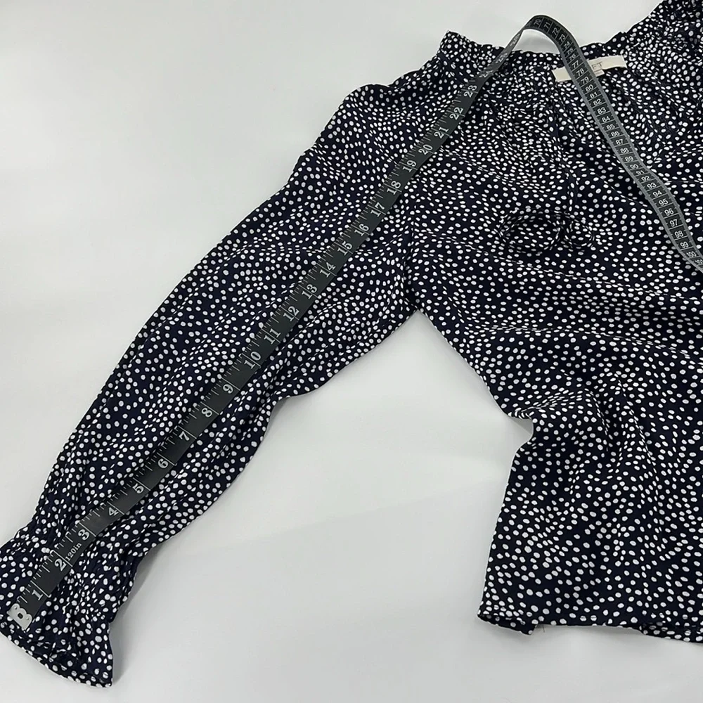 LOFT Navy blue and White polka dot Puff‎ Sleeve Blouse with Mandarin Collar